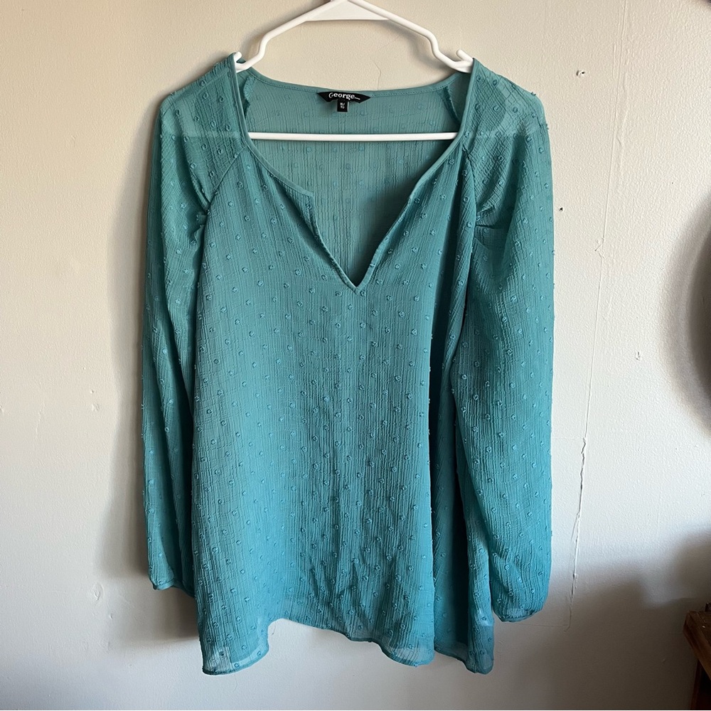3/$40 Xl George Teal Blouse Sheer with lining raised polka dots